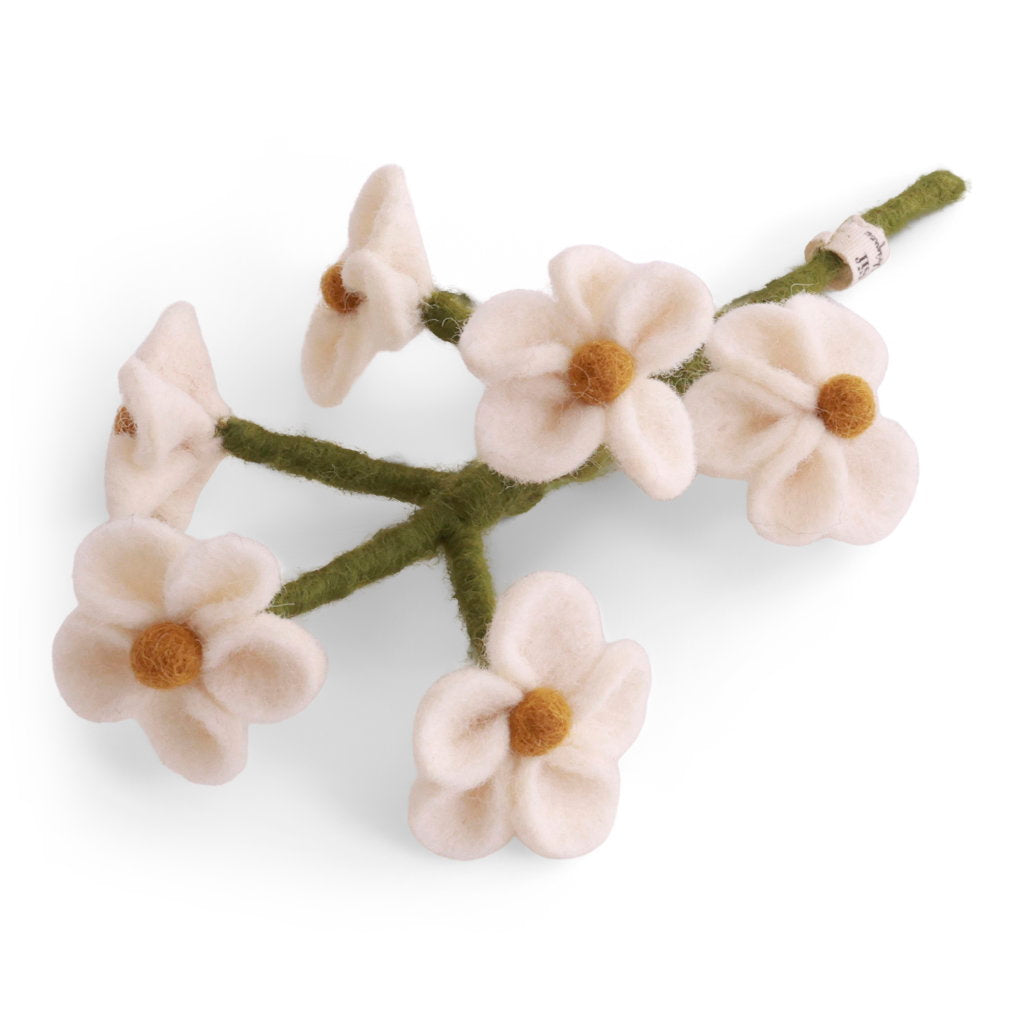 Decorative felt floral branch with white flowers and green leaves 