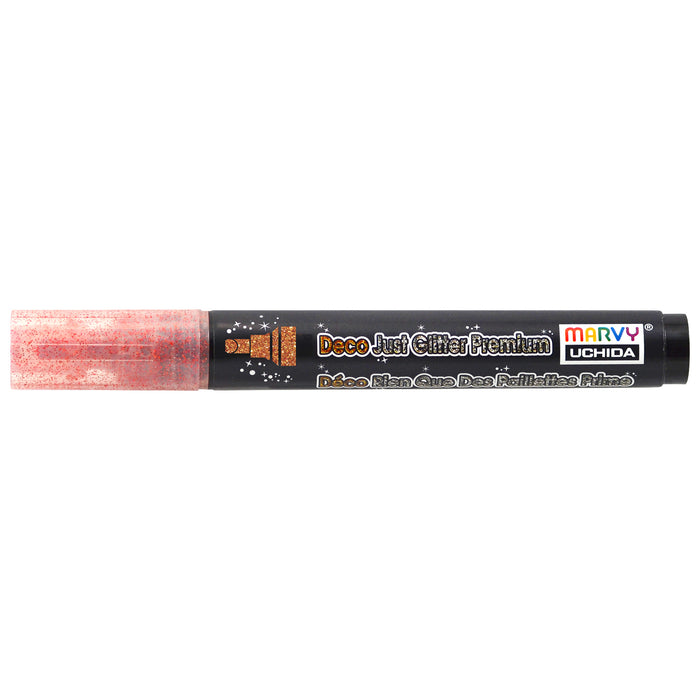 Fabric glitter pen in red with label 'Marvy Uchida Deco Just Glitter Premium.'