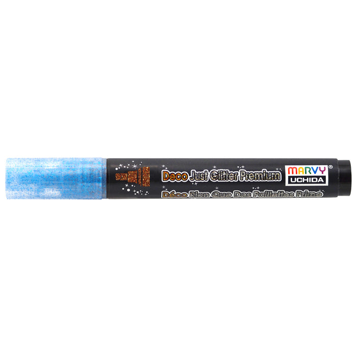 Fabric glitter pen in blue with label 'Marvy Uchida Deco Just Glitter Premium.'