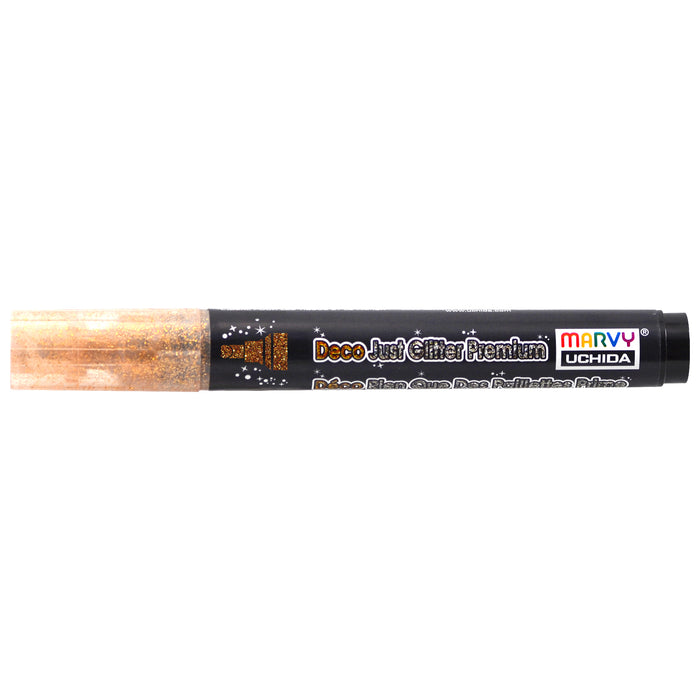 Fabric glitter pen in gold with label 'Marvy Uchida Deco Just Glitter Premium.'