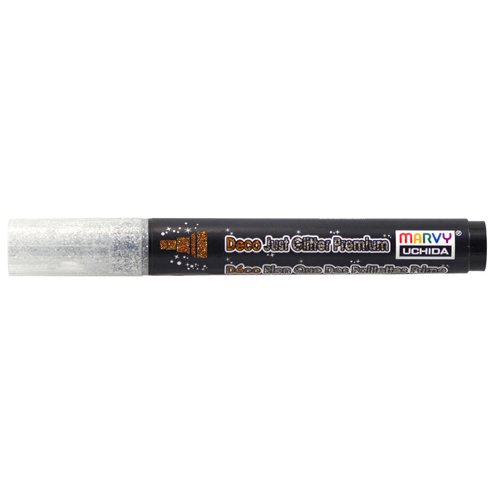 Fabric glitter pen in silver with label 'Marvy Uchida Deco Just Glitter Premium.'