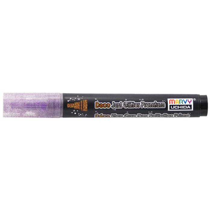 Fabric glitter pen in viloet with label 'Marvy Uchida Deco Just Glitter Premium.'