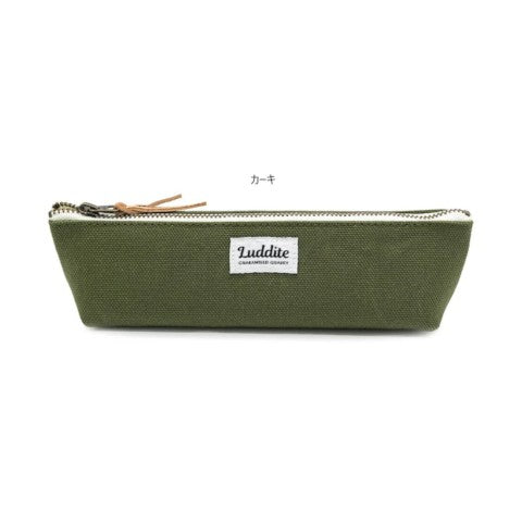 Green pencil case with visible brand tag and top silver zipper.