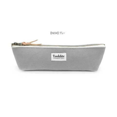 Gray pencil case with visible brand tag and top silver zipper.