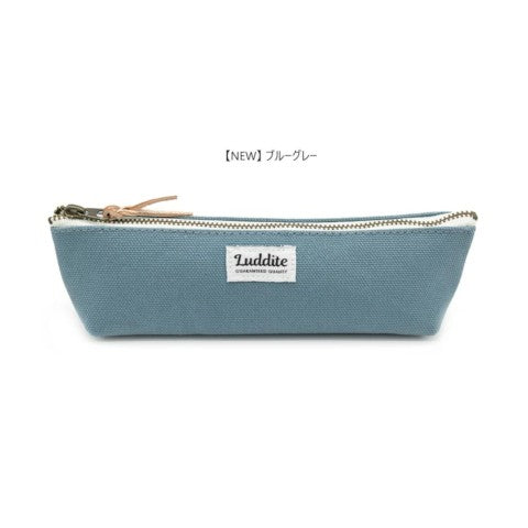Blue pencil case with visible brand tag and top silver zipper.