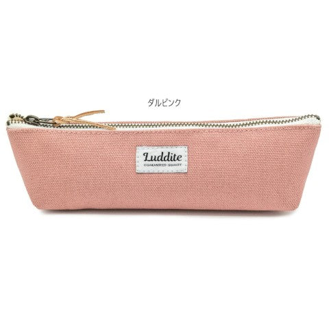 Dull pink pencil case with visible brand tag and top silver zipper.