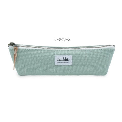 Green gray pencil case with visible brand tag and top silver zipper.
