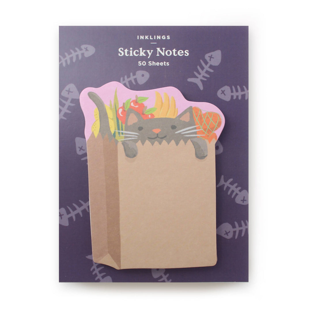 Inklings Sticky Notes with cat in a grocery bag design on a purple background
