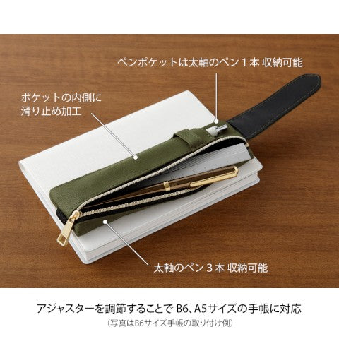Open pen case, showing two pens in the zipper section and one in the outside pocket, with text in Japanese.