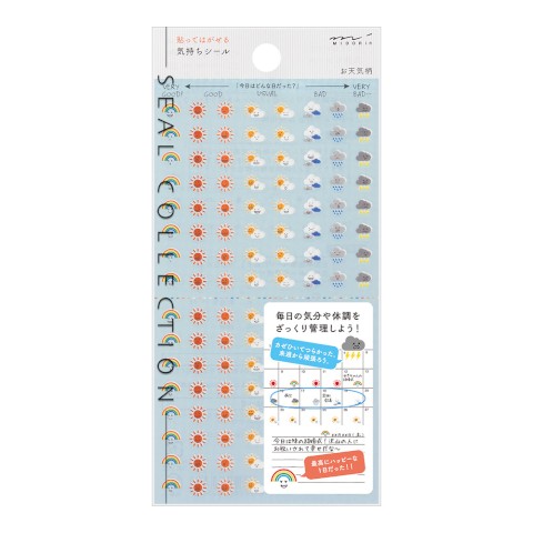 Sheet with eight columns of small stickers representing weather conditions in packaging labeled 'seal collection.'