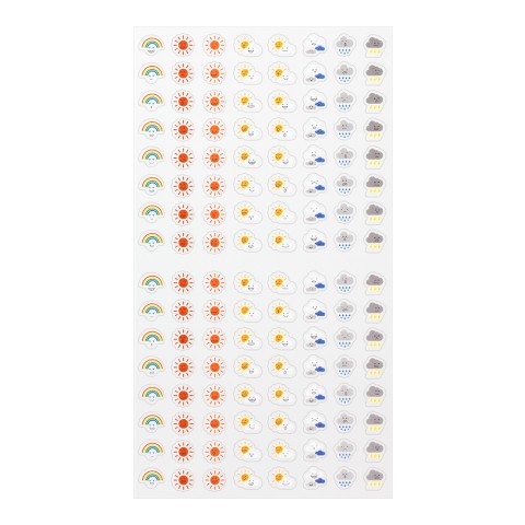 Sheet of eight columns and 16 rows of small stickers representing weather conditions, without packaging.
