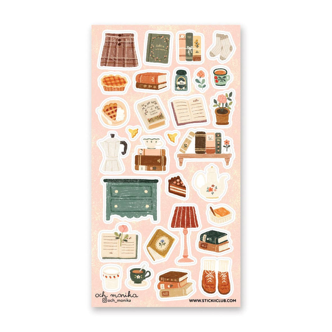 Sheet of more than two dozen decorative stickers with various illustrations  of things found in a reading sanctuary