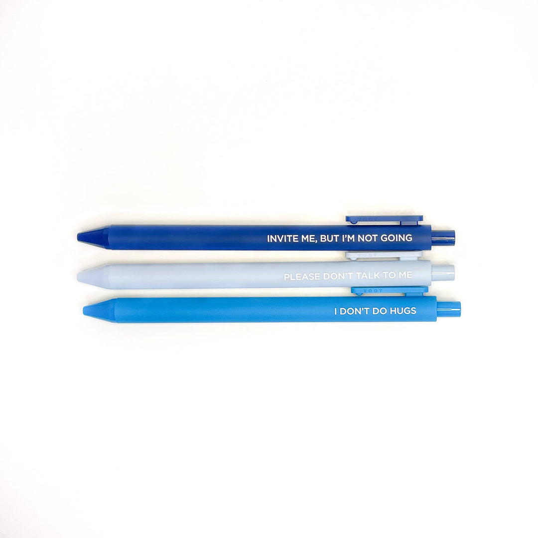 Three pens laid horizontally, navy blue on top, light blue in the middle and bright blue  on the bottom, each with text in white.