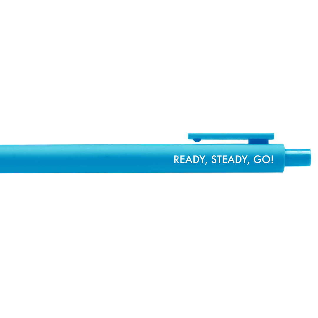 Sky blue pen with clip and clicker and white text.