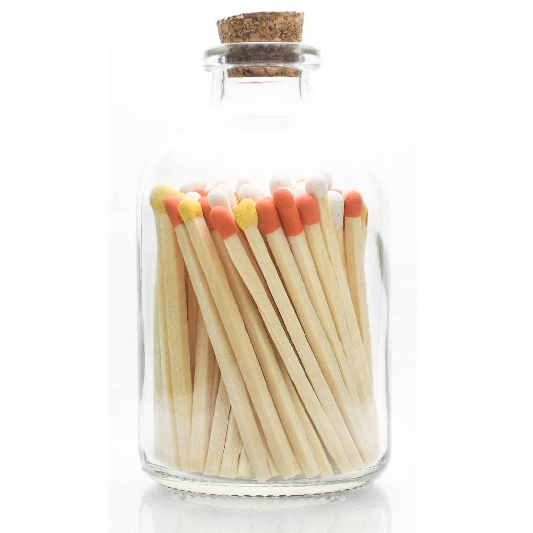 Candy Corn Decorative Matches in Small Apothecary Jar with Cork Stopper, approx 2" long; approx 60 count