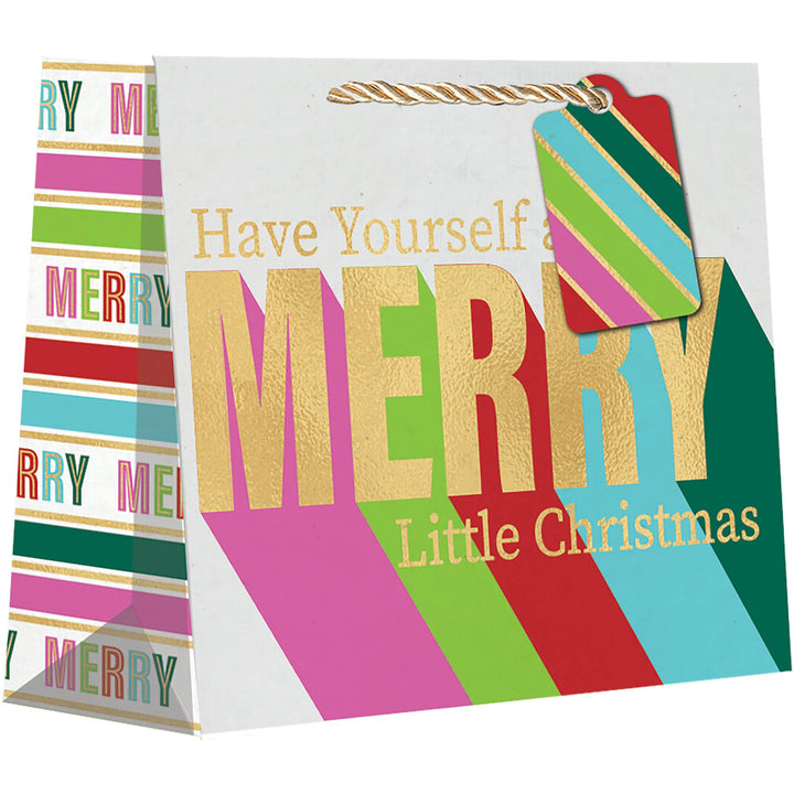 Colorful gift bag with gold text and striped gift tag.