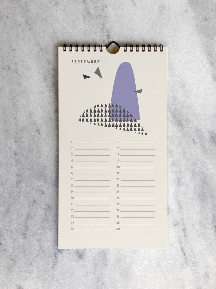 The page for September with an abstract drawing in purple and black, above lines for each day in the month.