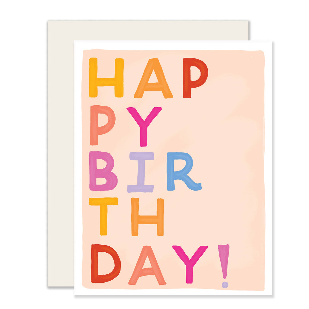 Letters of different colors on a peach background and white card.