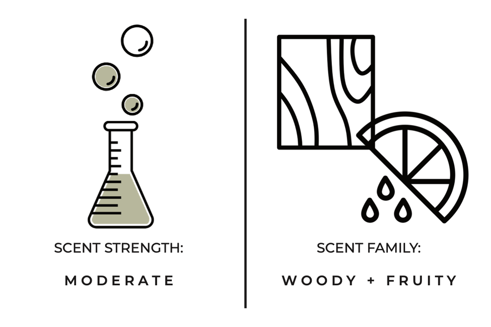 Diagram showing a beaker with bubbles labeled 'Scent Strength: Moderate' and a drawing of a board and lemon slice labeled 'Scent Family: Woody + Fruity.'