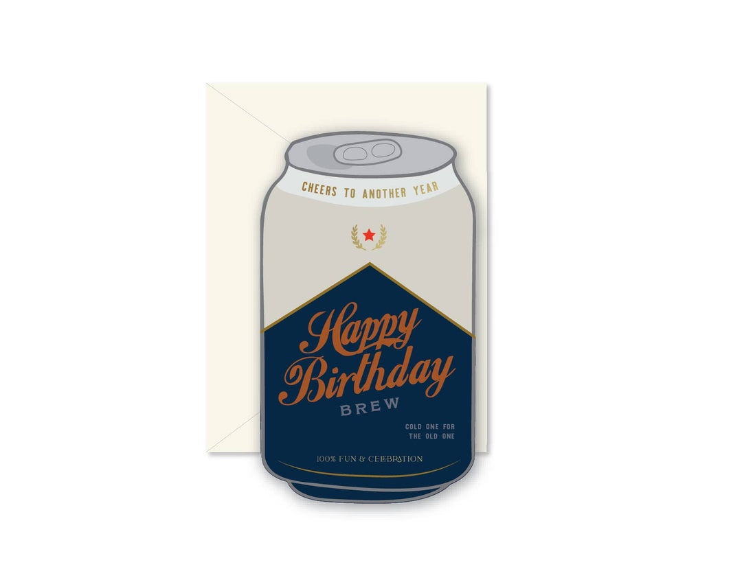 Front of card designed to look like a beer can with 'Happy Birthday Brew' text,