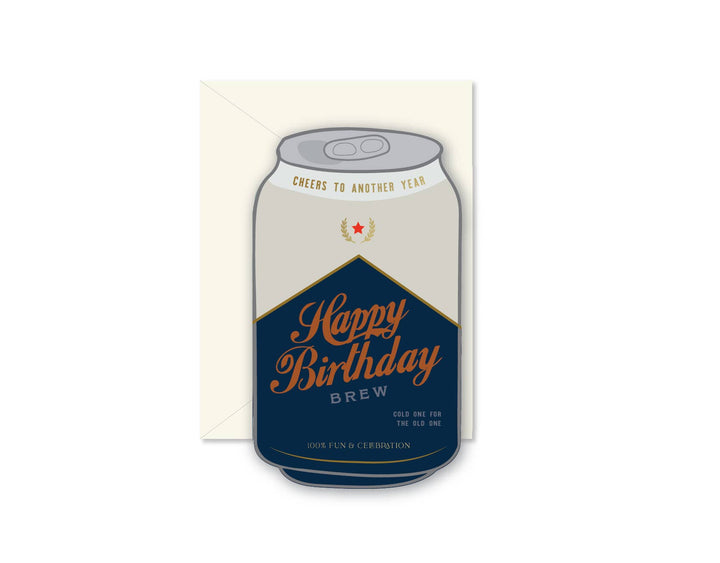 Front of card designed to look like a beer can with 'Happy Birthday Brew' text,