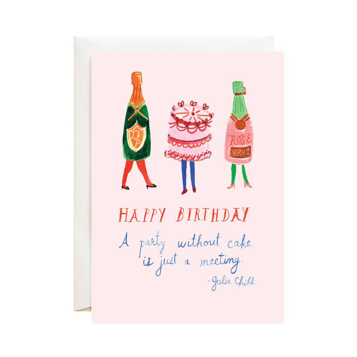 A bottle of champagne and rose, and a cake, each with legs decorate the top of the card. Below the drawing is the hand drawn text, in red and blue.