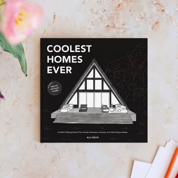 Black book cover for "Coolest Homes Ever" by Alli Koch with a white line drawing of an A-frame house with furniture on a deck.