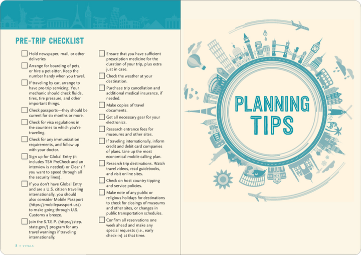 Two-page spread with a pre-trip checklist and the cover of a section on planning tips.
