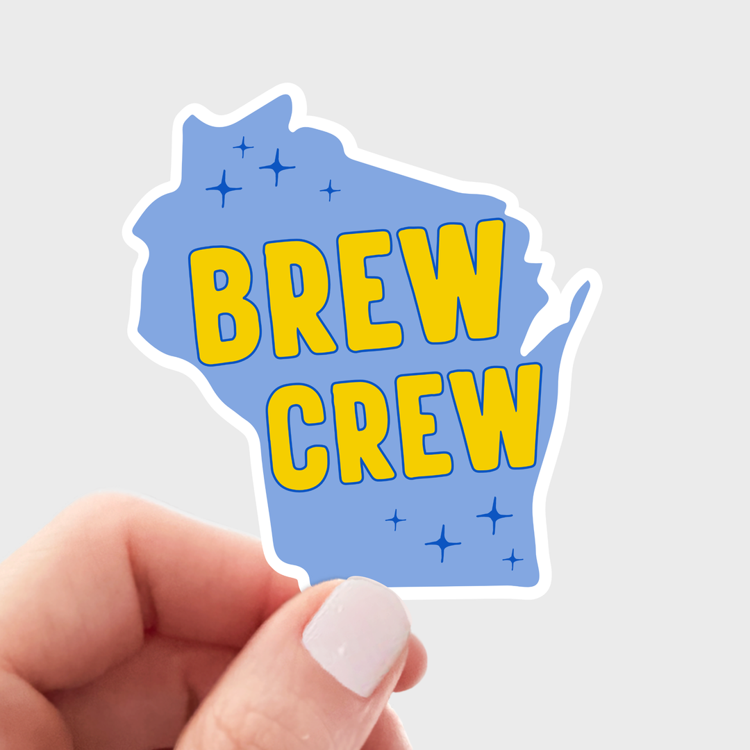 Sticker in the shape of the state of Wisconsin in blue with text in yellow.
