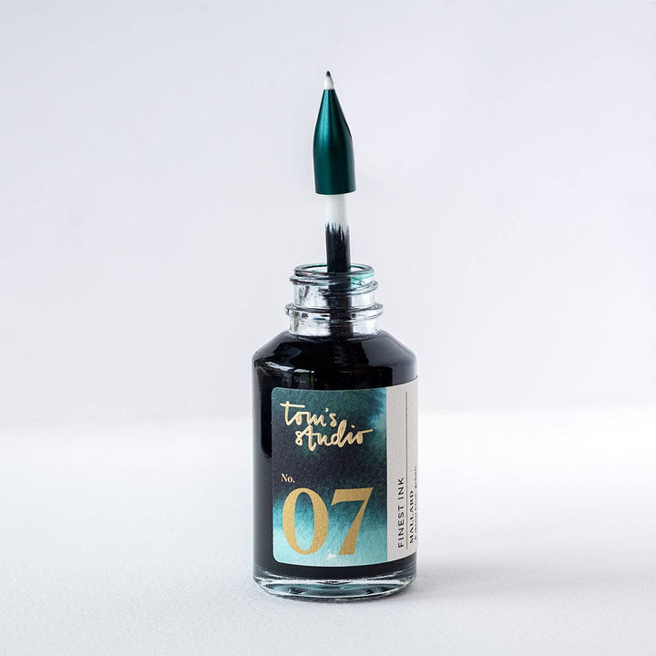Open bottle of ink with pen extending from the top.