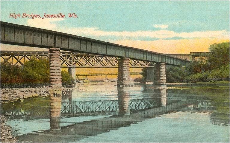 A pastel of three bridges spanning the Rock River in Janesville, Wisconsin.