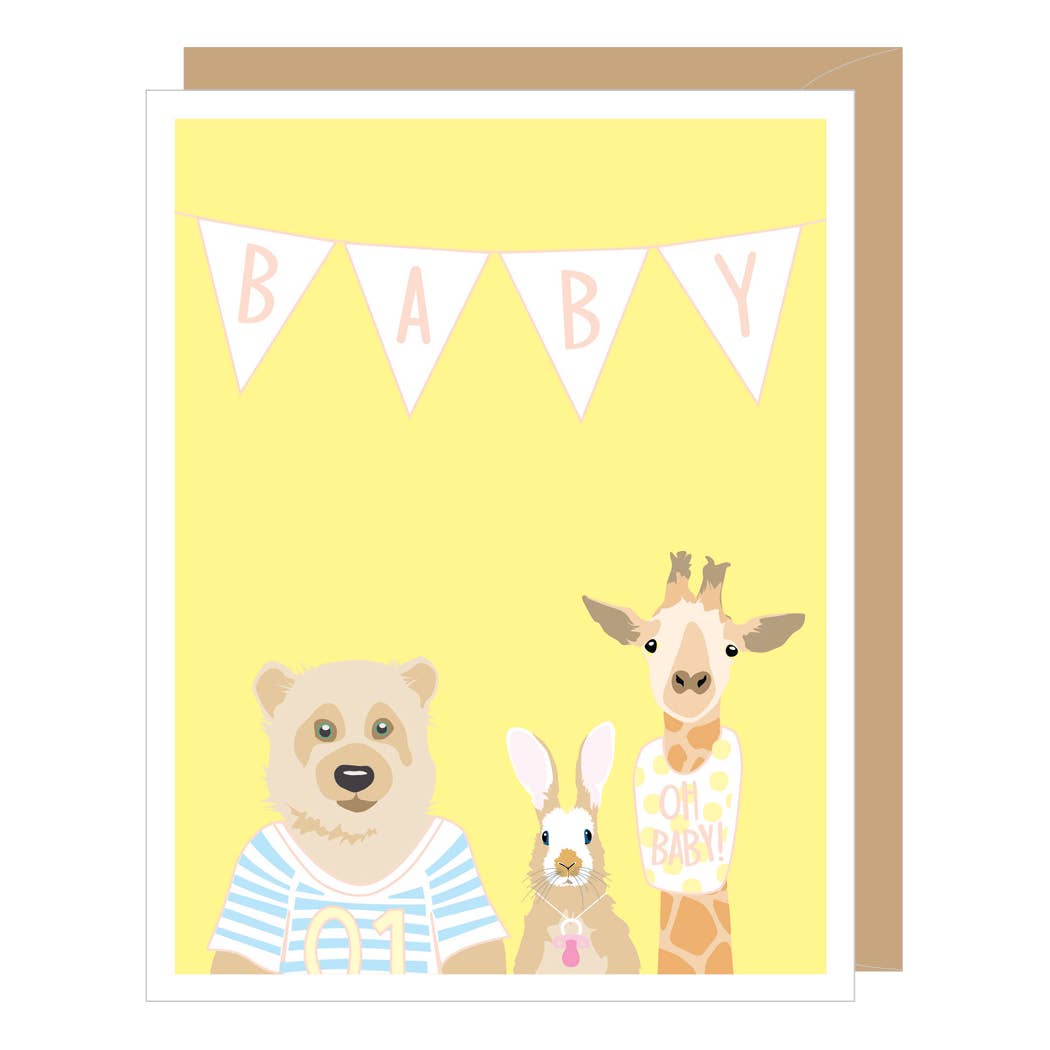 Watercolor drawings of a bear, rabbit and giraffe below a banner with the letters B-A-B-Y.