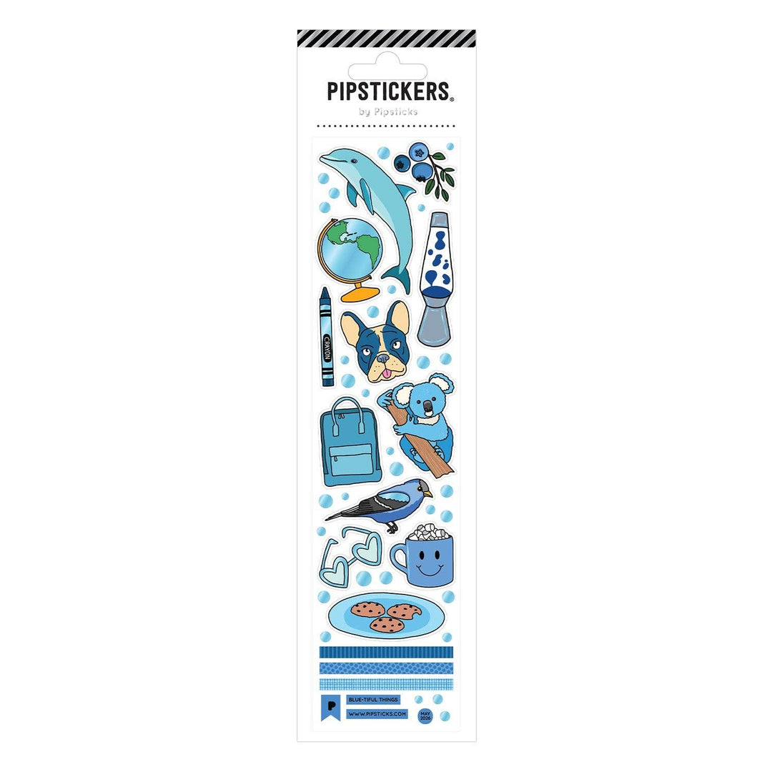 Collection of blue stickers featuring various images ranging from animals to objects.
