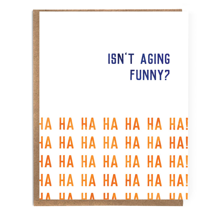 Blue text on a white background above a 5x7 grid repeating the word "HA!" in orange.