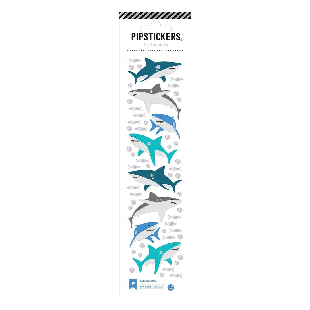 Sticker sheet of eight sharks in colors of blue and gray and dozens of small gray fish.