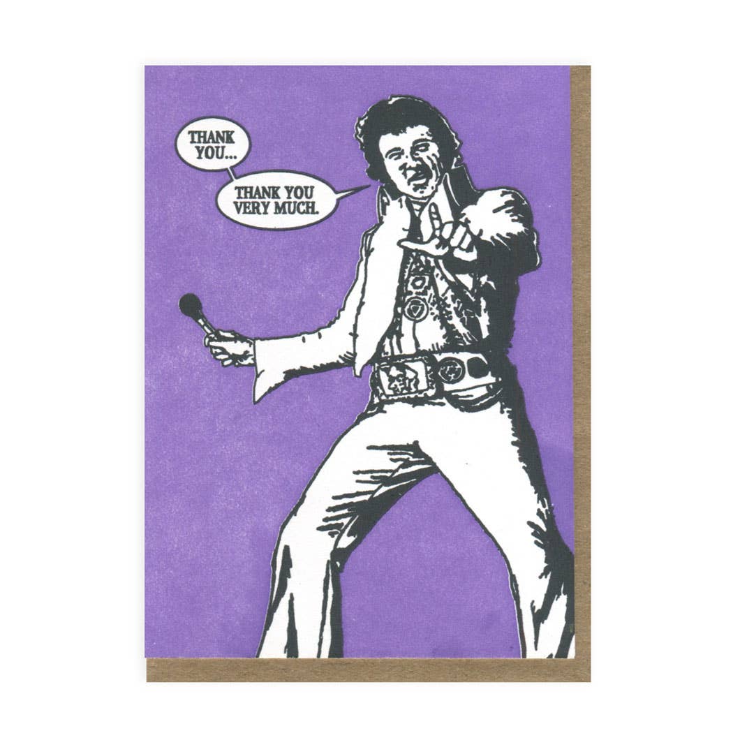 Front of thank you card with black and white drawing of Elvis holding a microphone on a purple background.