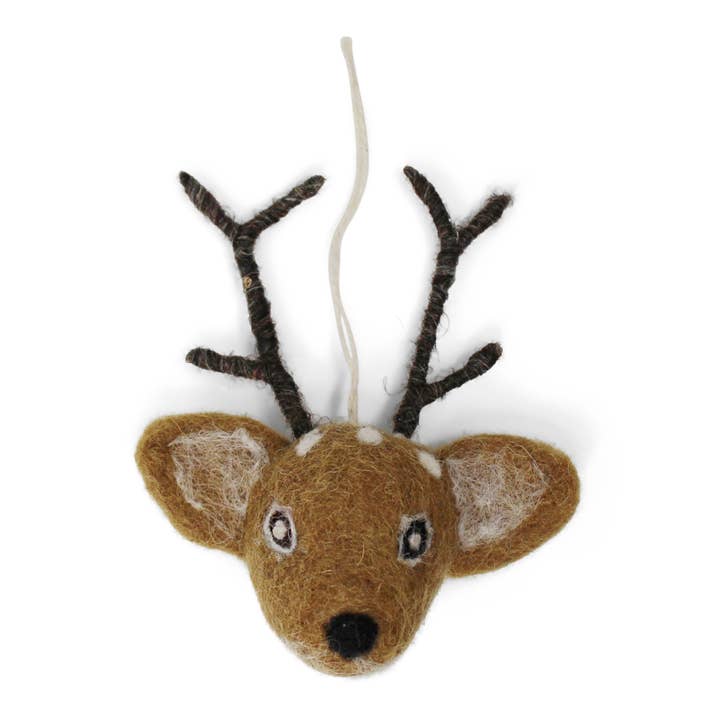 Felted brown reindeer head with dark grey antlers and white features.