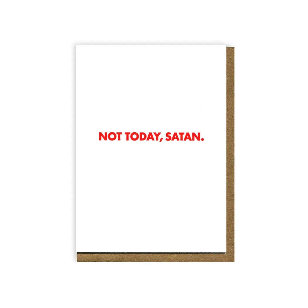 Front of card card with 'Not Today, Satan' in red on a white background.