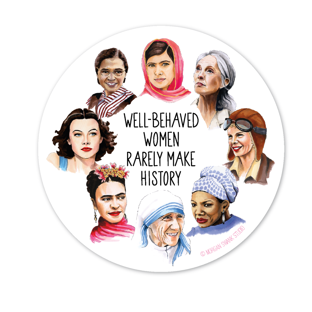 Circular sticker with full-color images of the women surrounding the text. 