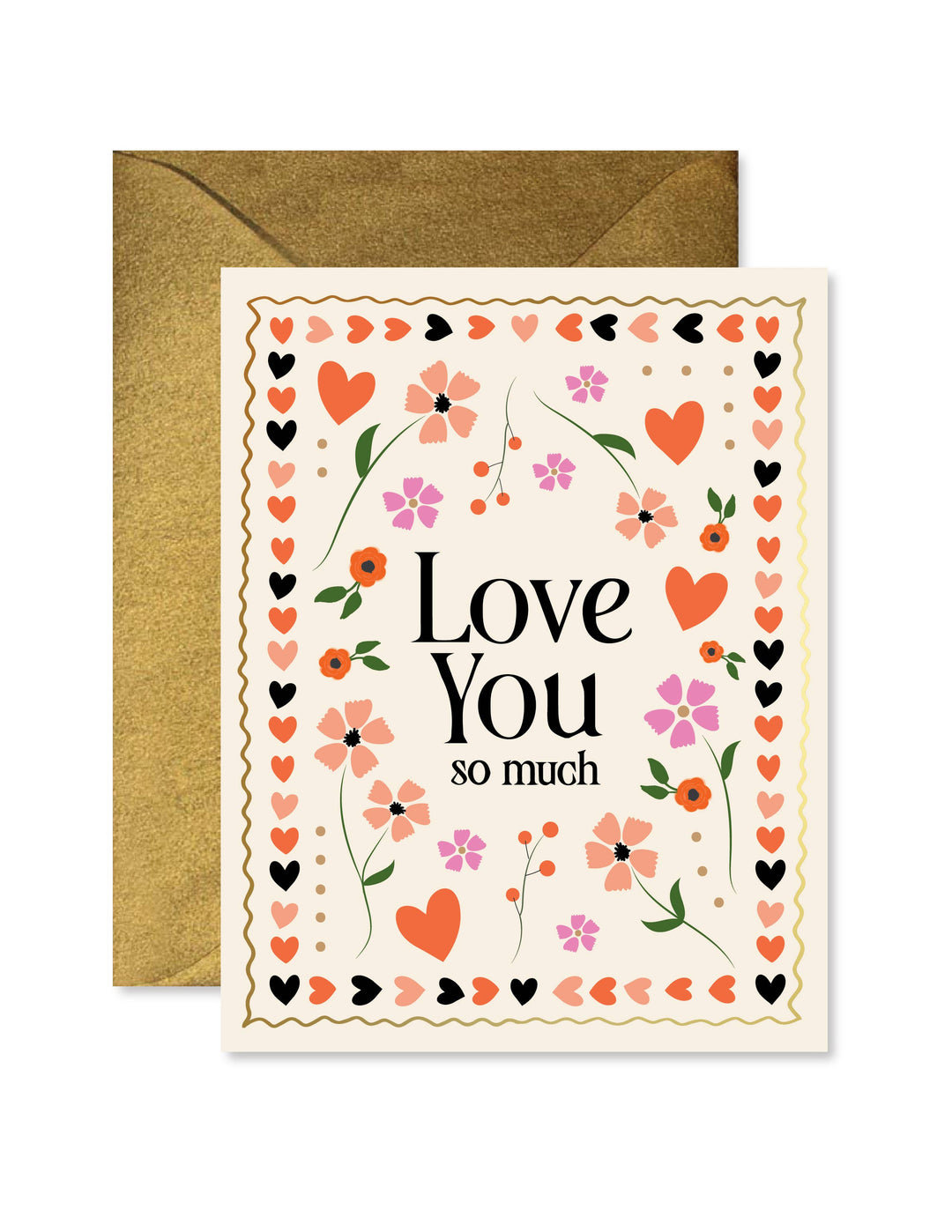 Black serif text surrounded by pastel flowers and hearts on an off-white background in front of gold envelope.