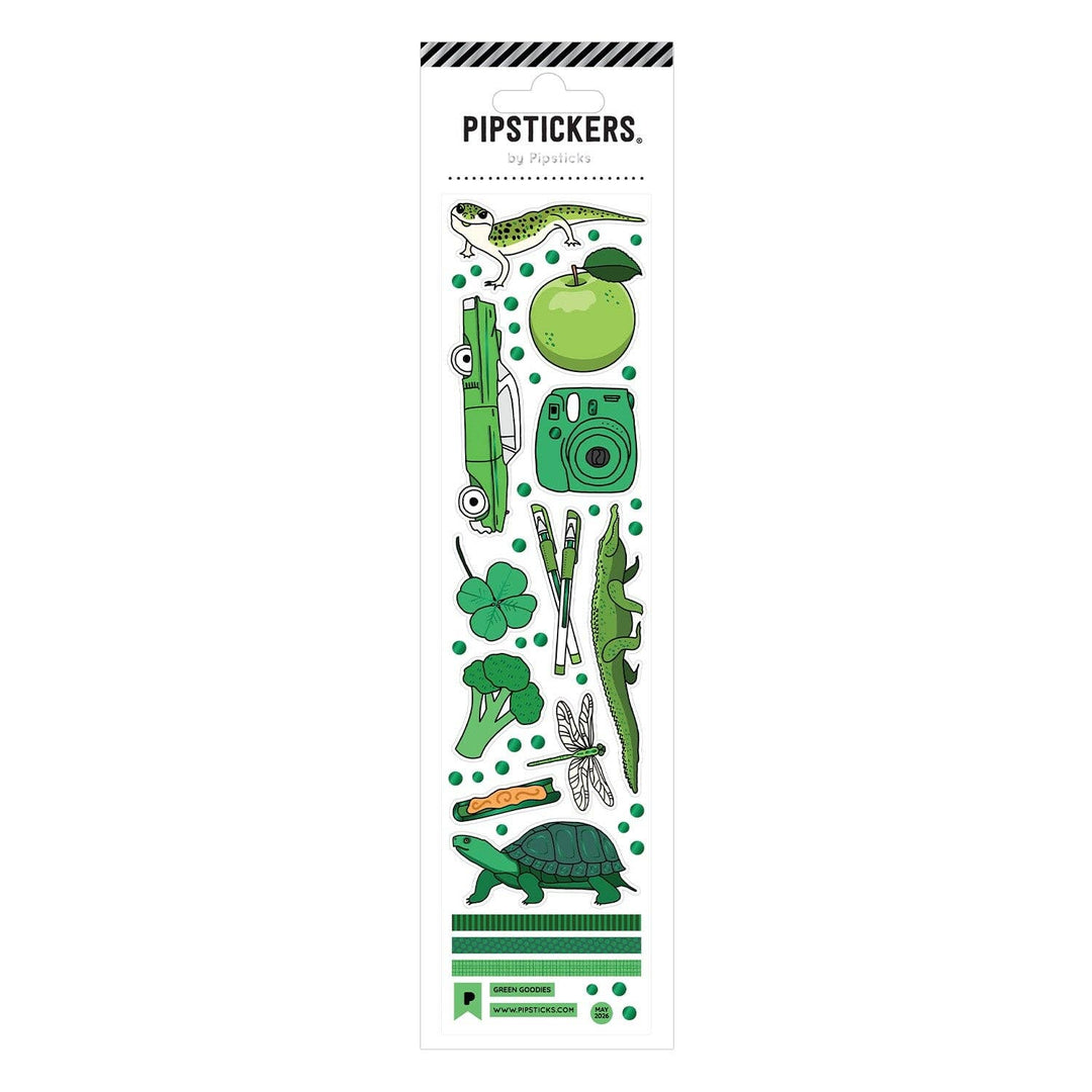 Sheet of a dozen green objects, ranging from turtle to apple.