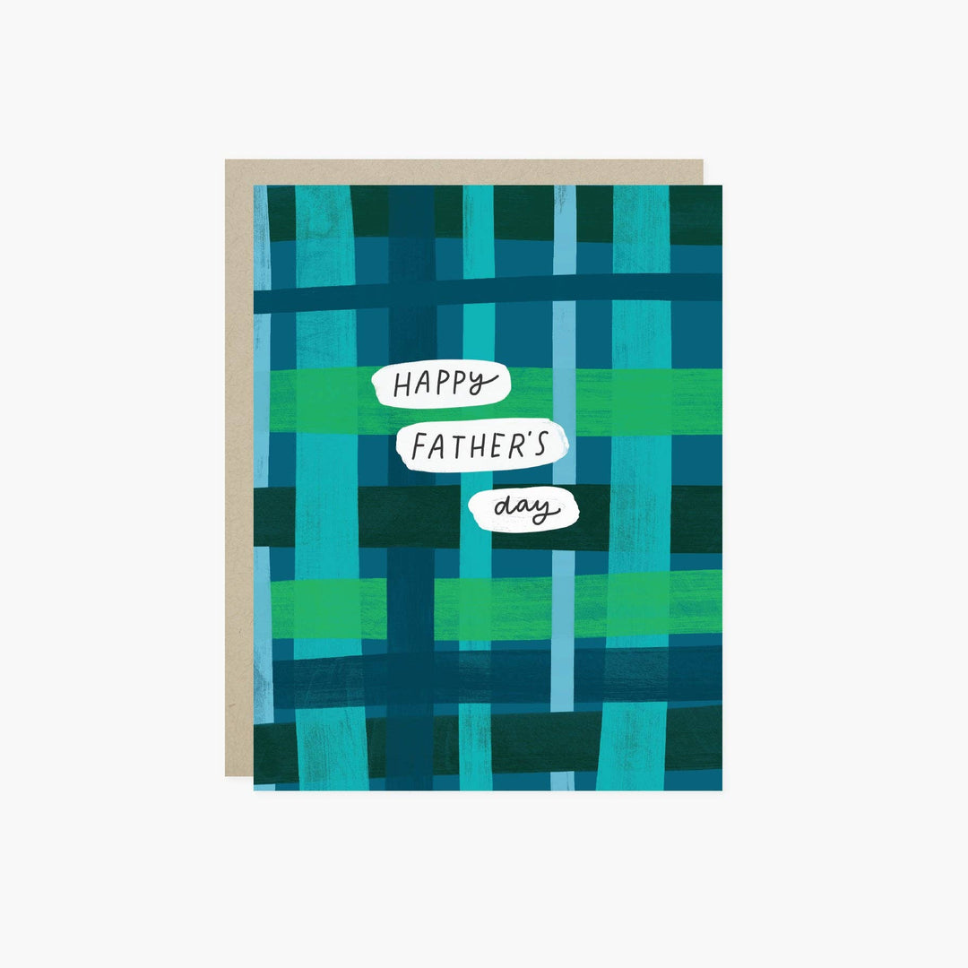 Father's Day card with blue and green geometric pattern and 'Happy Father's Day' text.