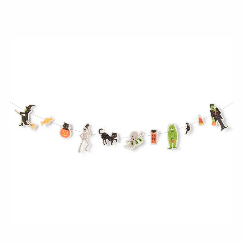 Halloween icons on a string, including witch on broom, pumpkin, skeleton, black cat and other Halloween objects.