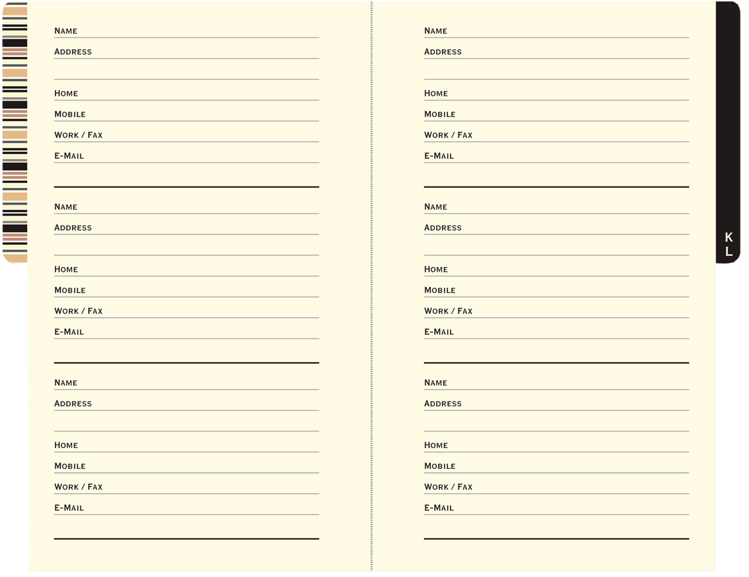 Address book opened to show two pages with pre-printed contact information fields for a total of six entries. Tab with 'KL' is on the right.