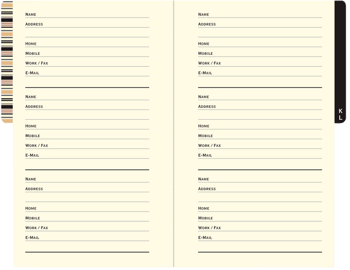 Address book opened to show two pages with pre-printed contact information fields for a total of six entries. Tab with 'KL' is on the right.
