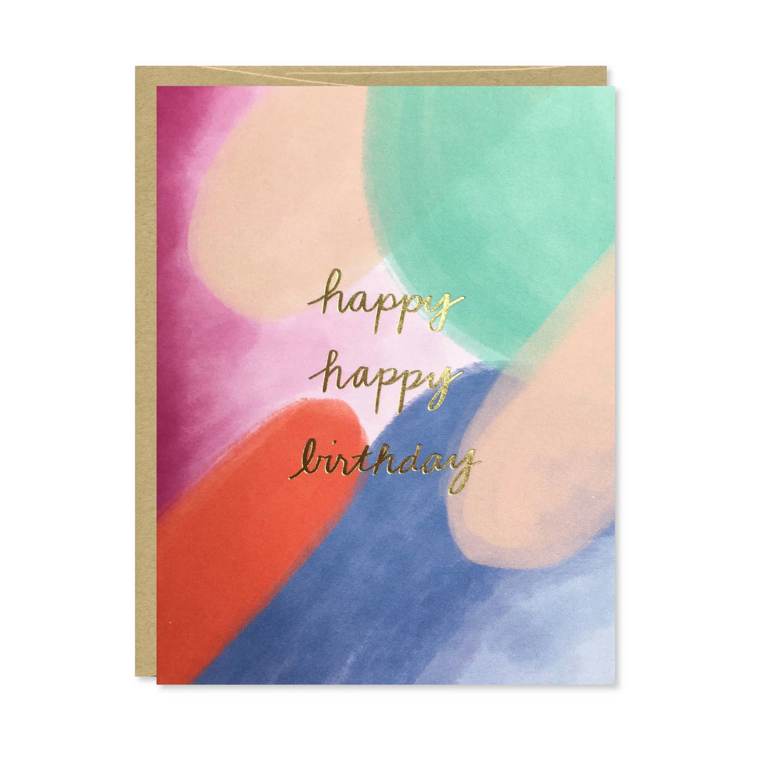 Colorful abstract design and 'happy happy birthday' text in gold foil.