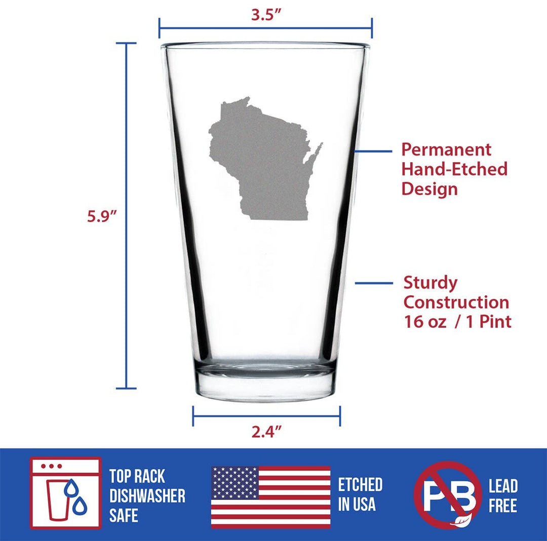 Glass with Wisconsin state etching, showing dimensions and features.