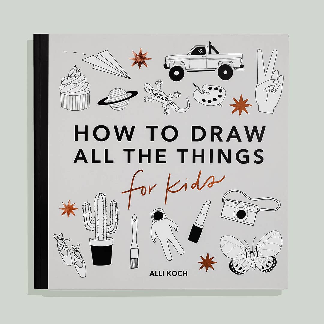 Book titled 'How to Draw All the Things for Kids' by Alii Koch featuring a light gray cover with over a dozen illustrations of various recognizable images, like a truck, cupcake, spacesuit.