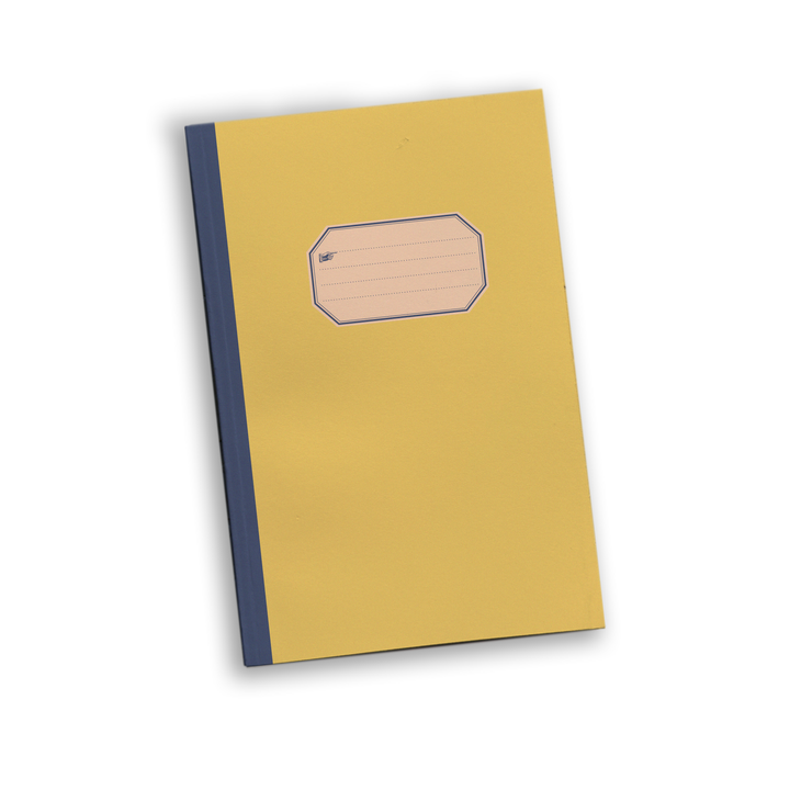 A yellow notebook with a navy blue spine and a light pink label on the front cover.