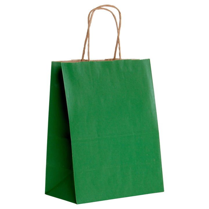 Green paper bag with brown interior and handles. 